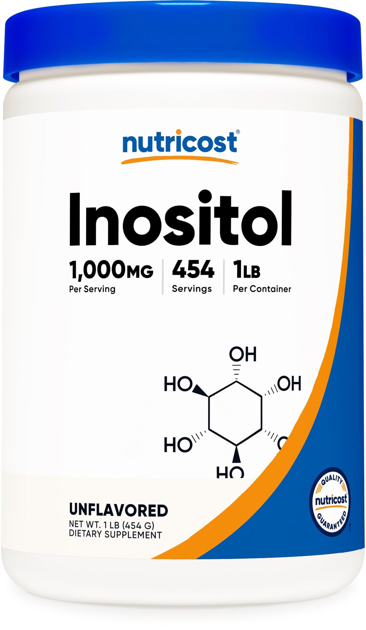 Flacon de poudre d'inositol Nutricost 454G vue de face