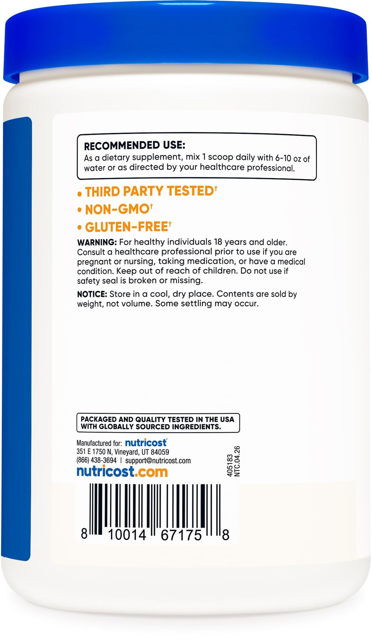 Flacon de poudre d'inositol Nutricost avec cuillère sur table