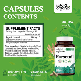 Flacon de prêle Wild & Organic ouvert avec capsules visibles