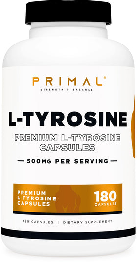 Flacon de Primal L-Tyrosine 500mg, 180 capsules, vue de face