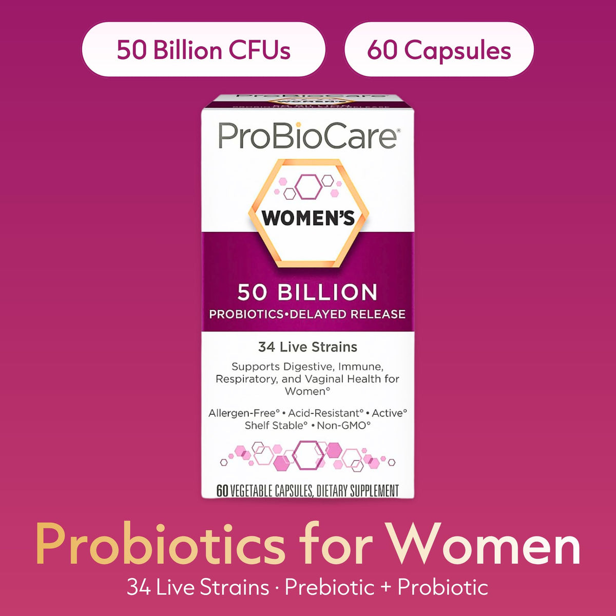 Flacon de ProBioCare Probiotiques Femmes avec gélules visibles