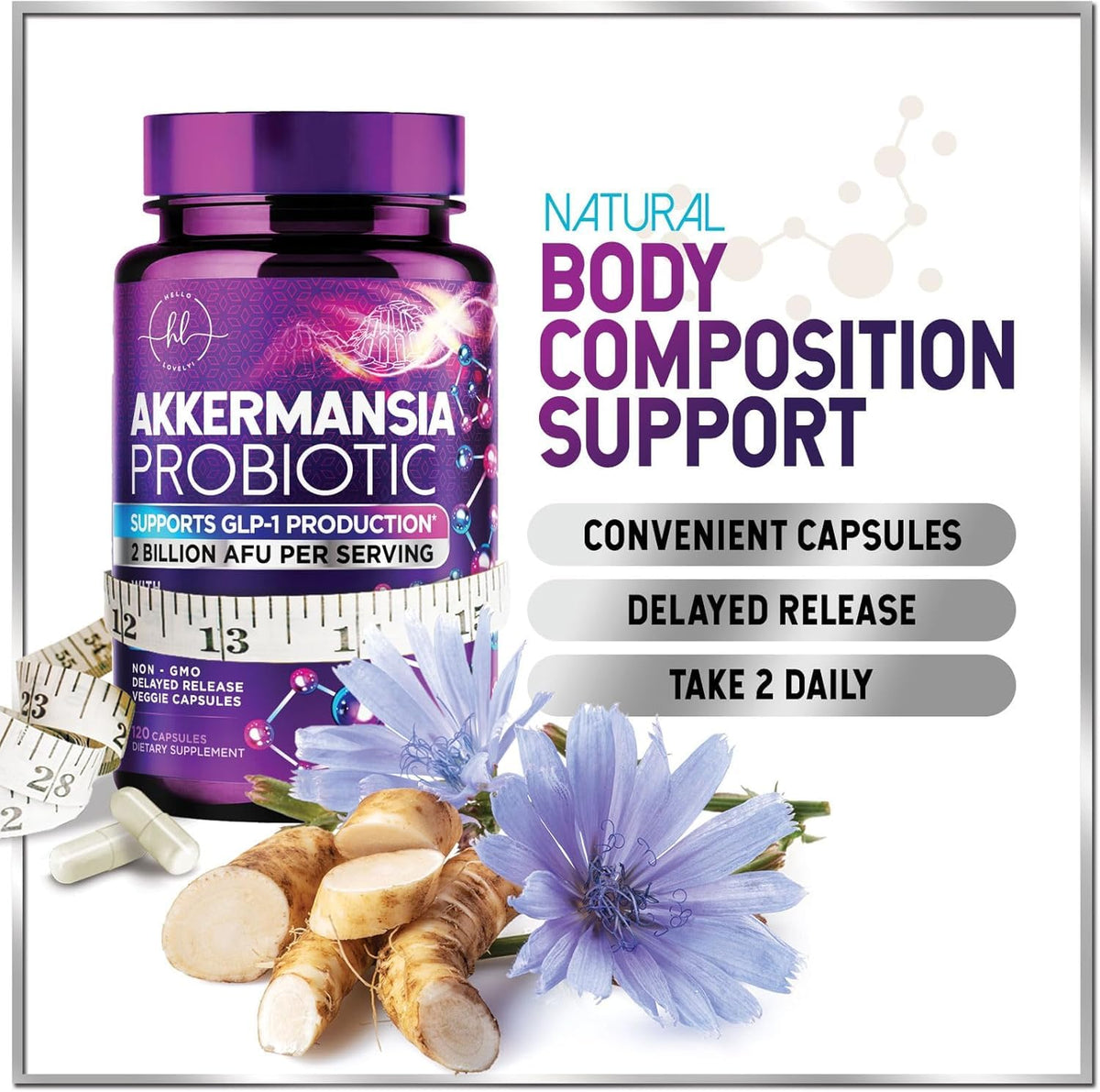 Flacon de probiotique Akkermansia Hello Lovely! avec des ingrédients