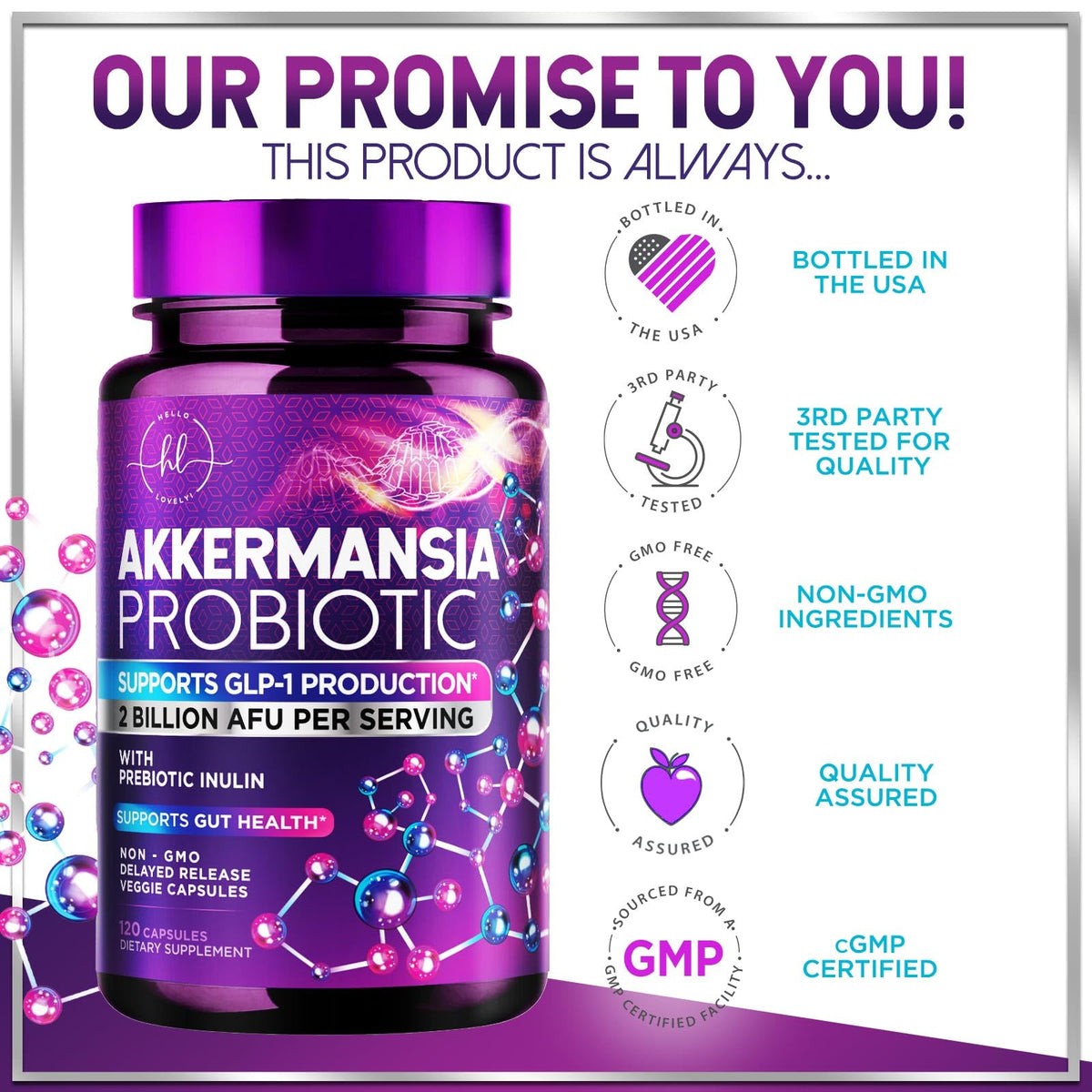 Flacon de probiotique Akkermansia Hello Lovely! sur fond blanc