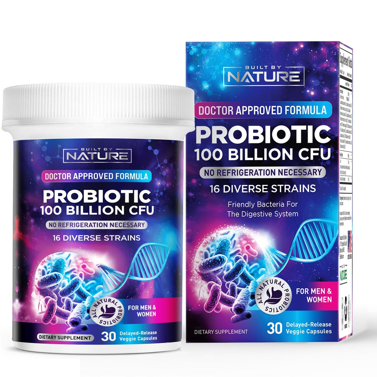Flacon de probiotique Built by Nature 100 milliards CFU 16 souches