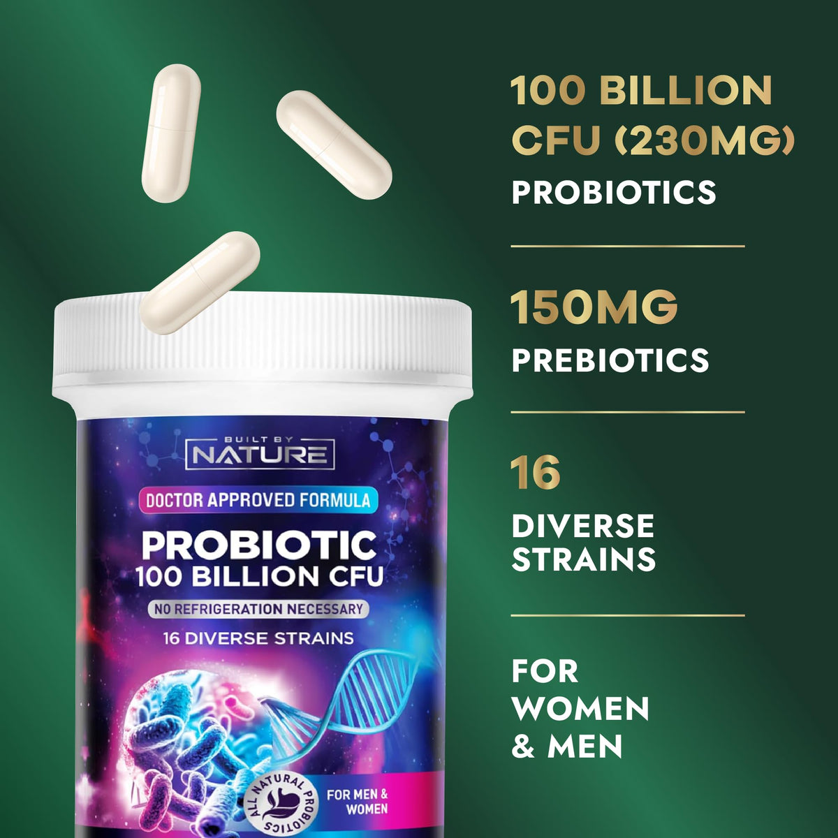 Flacon de probiotique Built by Nature sur fond blanc