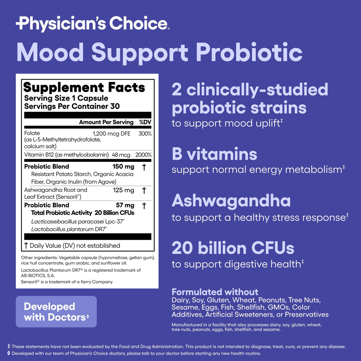 Flacon de probiotique de soutien de l'humeur Physician's CHOICE avec des ingrédients naturels