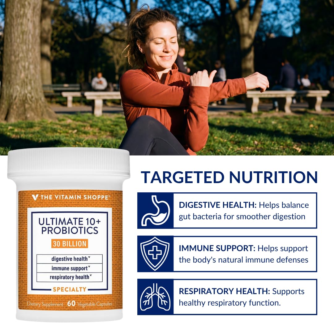Flacon de probiotiques 10+ ouvert avec capsules visibles
