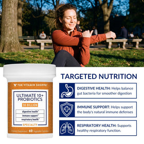Flacon de probiotiques 10+ ouvert avec capsules visibles