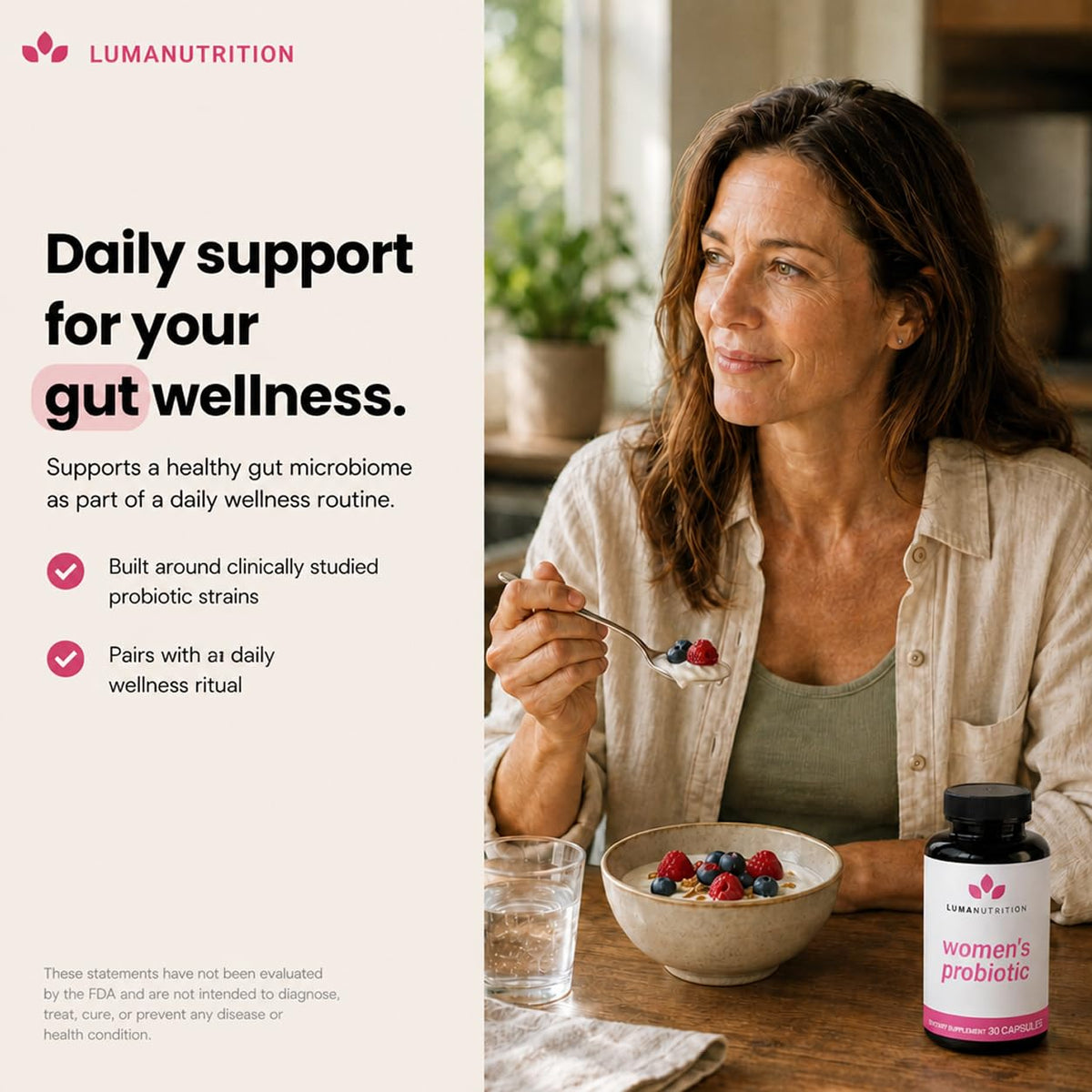 Flacon de probiotiques Luma Nutrition, ouvert avec capsules visibles