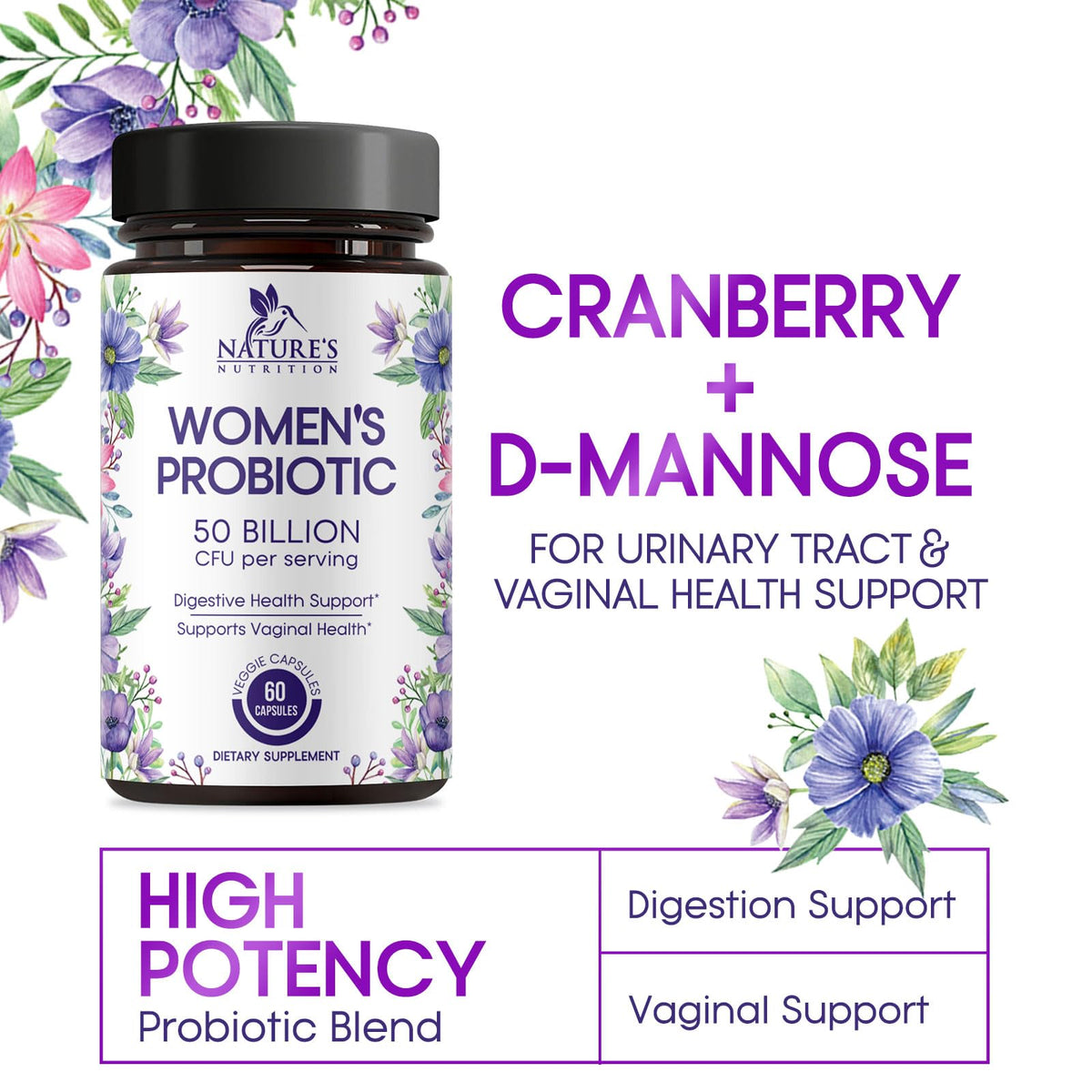 Flacon de probiotiques Nature's Nutrition ouvert avec capsules