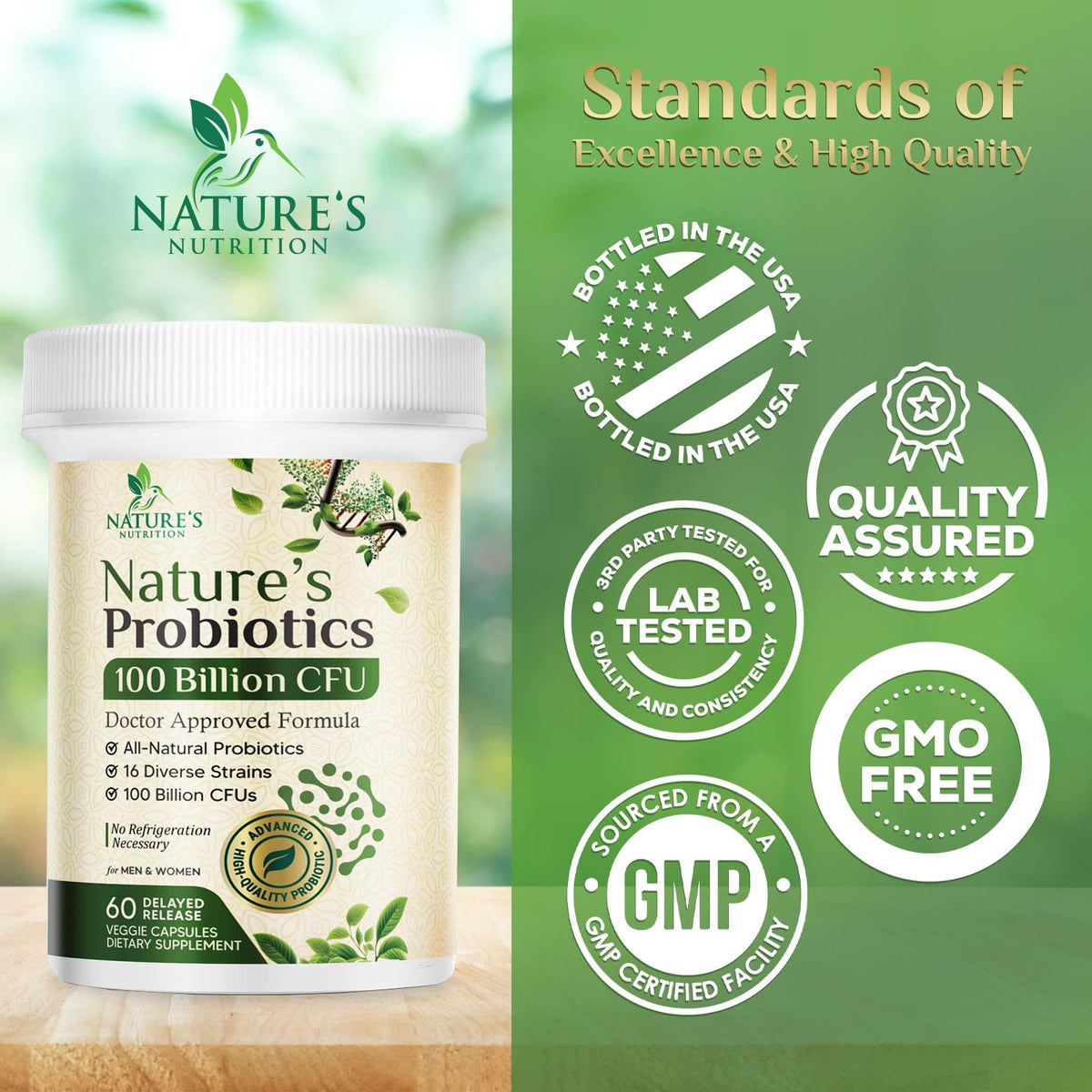 Flacon de probiotiques Nature's Nutrition ouvert avec capsules visibles