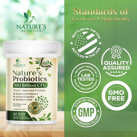 Flacon de probiotiques Nature's Nutrition ouvert avec capsules visibles