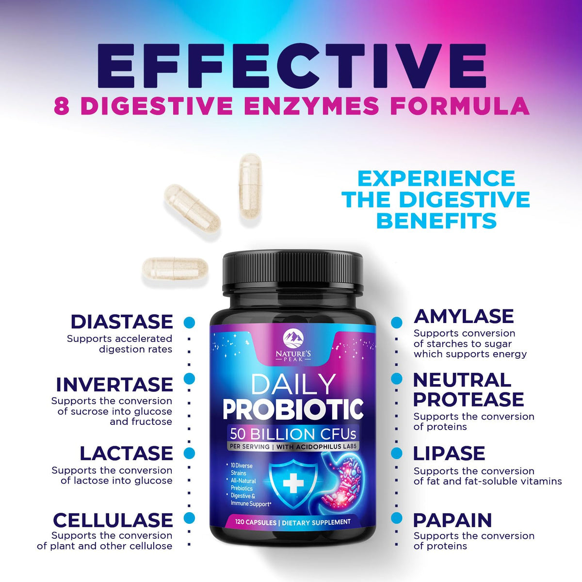 Flacon de probiotiques Nature's Peak ouvert avec capsules visibles