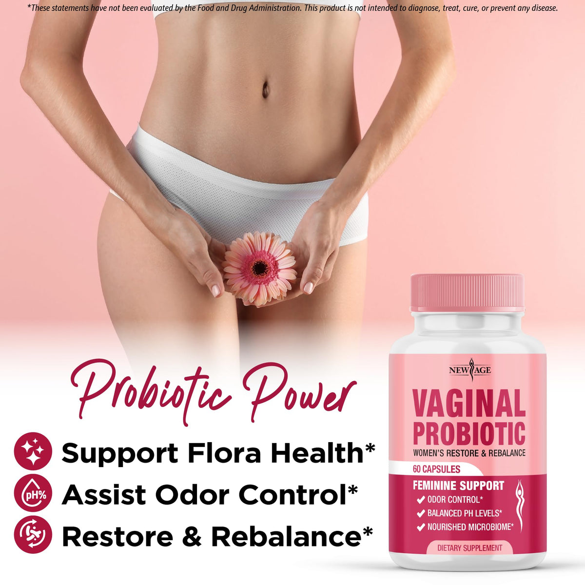 Flacon de probiotiques NEW AGE ouvert avec capsules à l'intérieur
