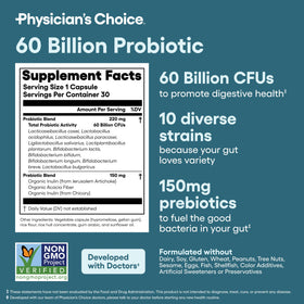 Flacon de probiotiques Physician's CHOICE avec dosage visible
