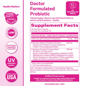 Flacon de Probiotiques Prénatals Pink Stork ouvert
