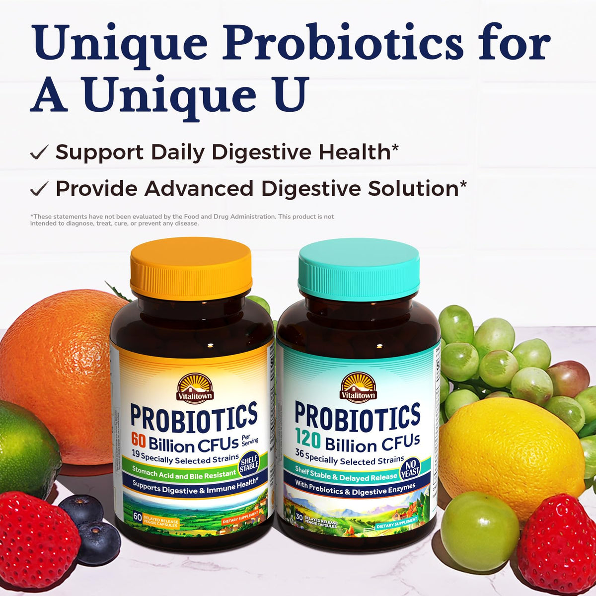 Flacon de Probiotiques Vitalitown ouvert avec capsules visibles