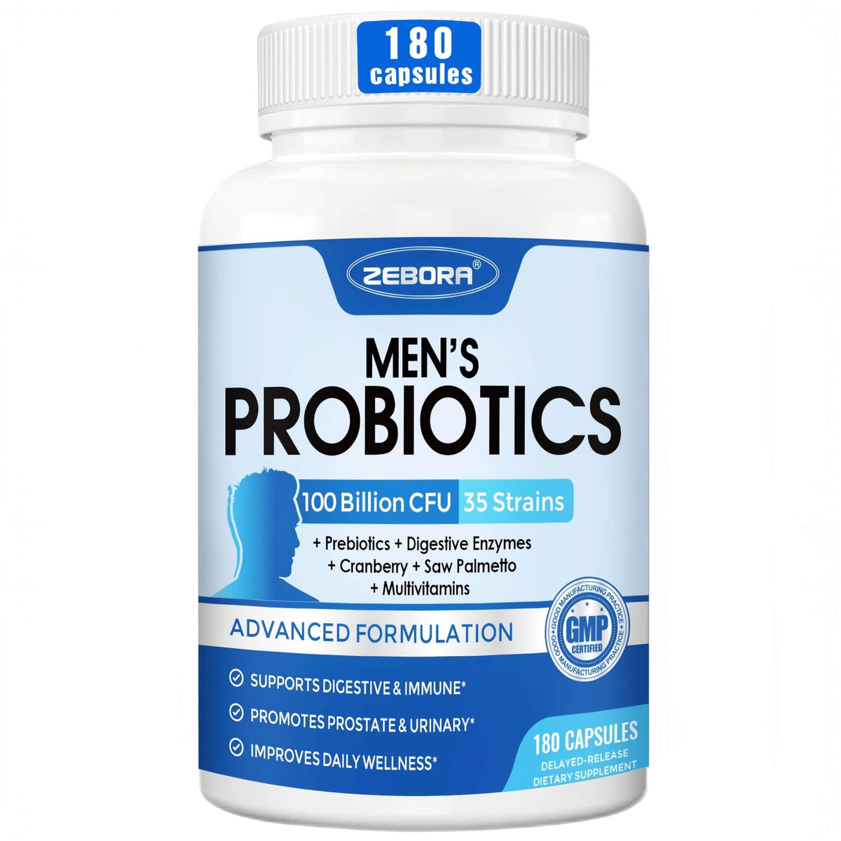 Flacon de probiotiques ZEBORA pour hommes, 180 capsules