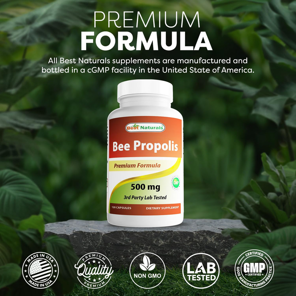 Flacon de Propolis d'abeille Best Naturals ouvert montrant les capsules
