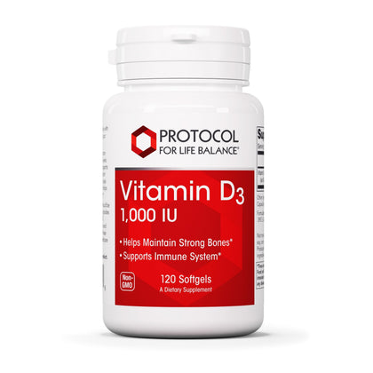 Flacon de PROTOCOL FOR LIFE BALANCE Vitamine D3 1 000 UI 120 gélules molles