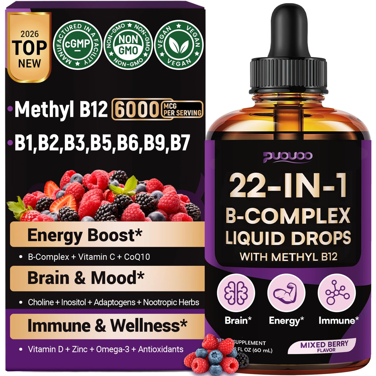 Flacon de Puouoo Complexe Vitaminique B Liquide 150g vue de face avec étiquette