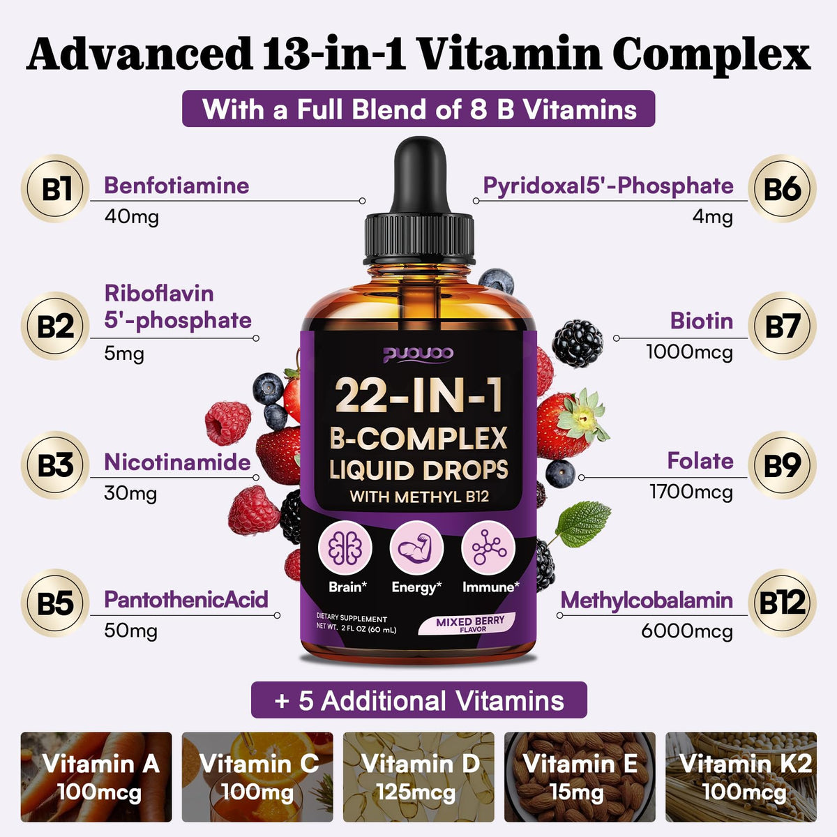 Flacon de Puouoo Complexe Vitaminique B Liquide sur fond blanc