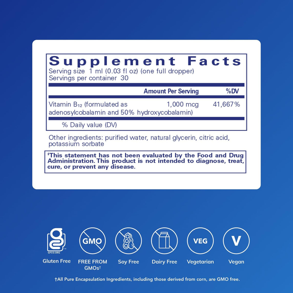 Flacon de Pure Encapsulations B12 liquide avec étiquette