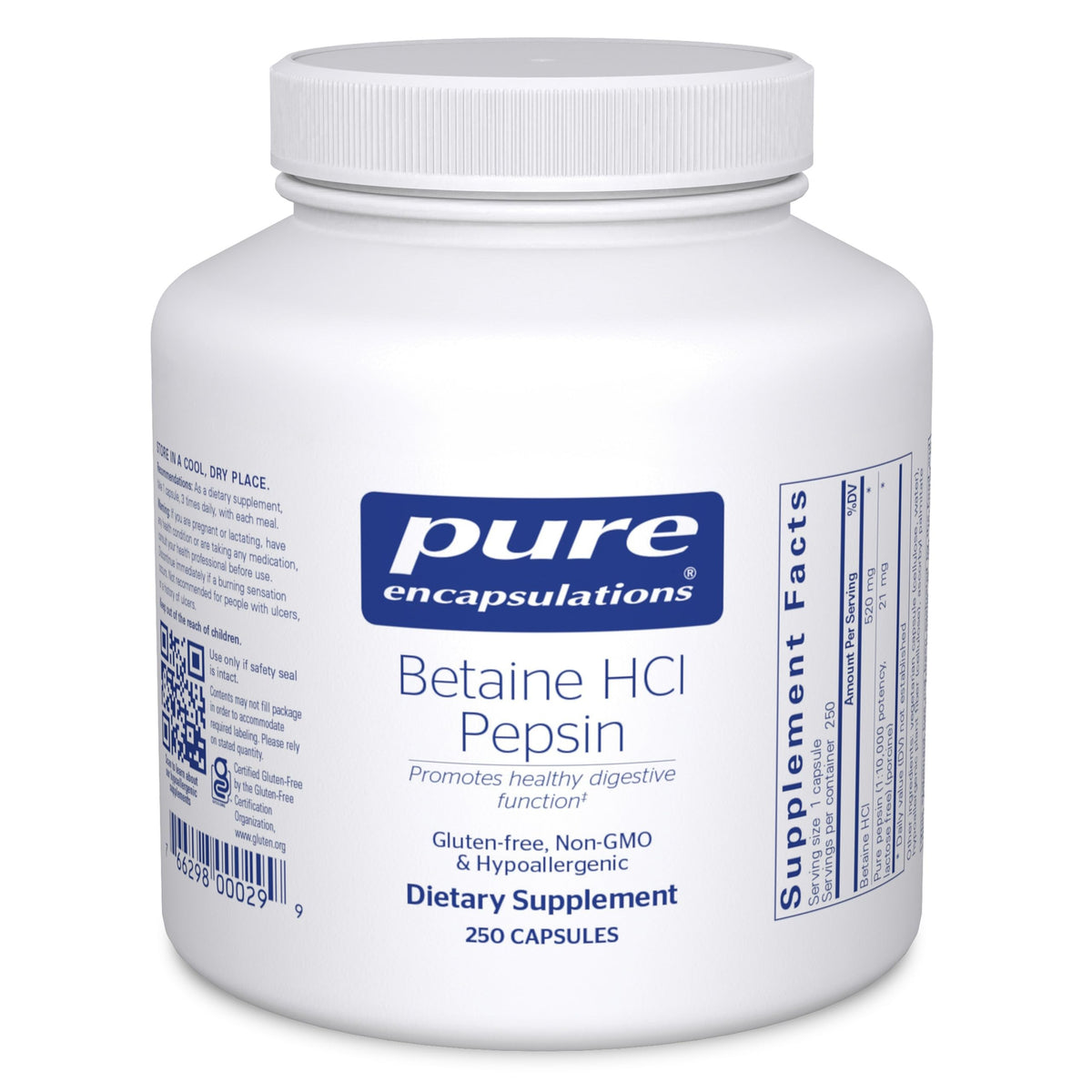 Flacon de Pure Encapsulations Betaine HCl Pepsin 250 capsules vue de face