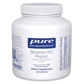 Flacon de Pure Encapsulations Betaine HCl Pepsin 250 capsules vue de face