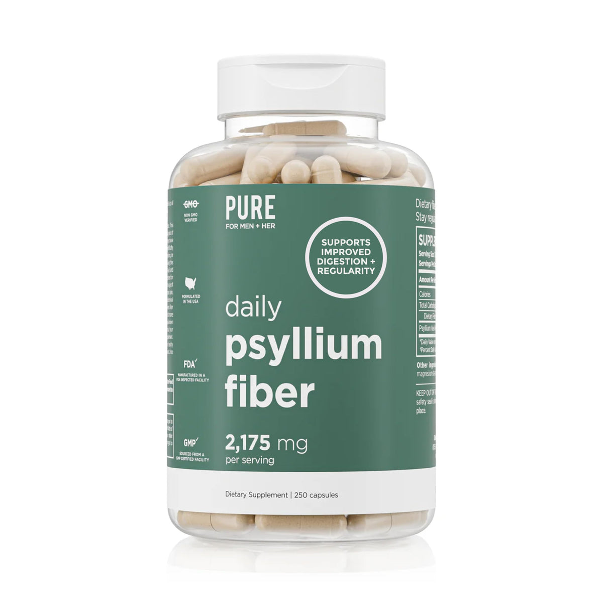 Flacon de Pure for Men Complément Alimentaire Psyllium 250 Capsules vue de face