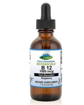Flacon de Pure Mountain Botanicals B12 1000 mcg vue avant avec étiquette
