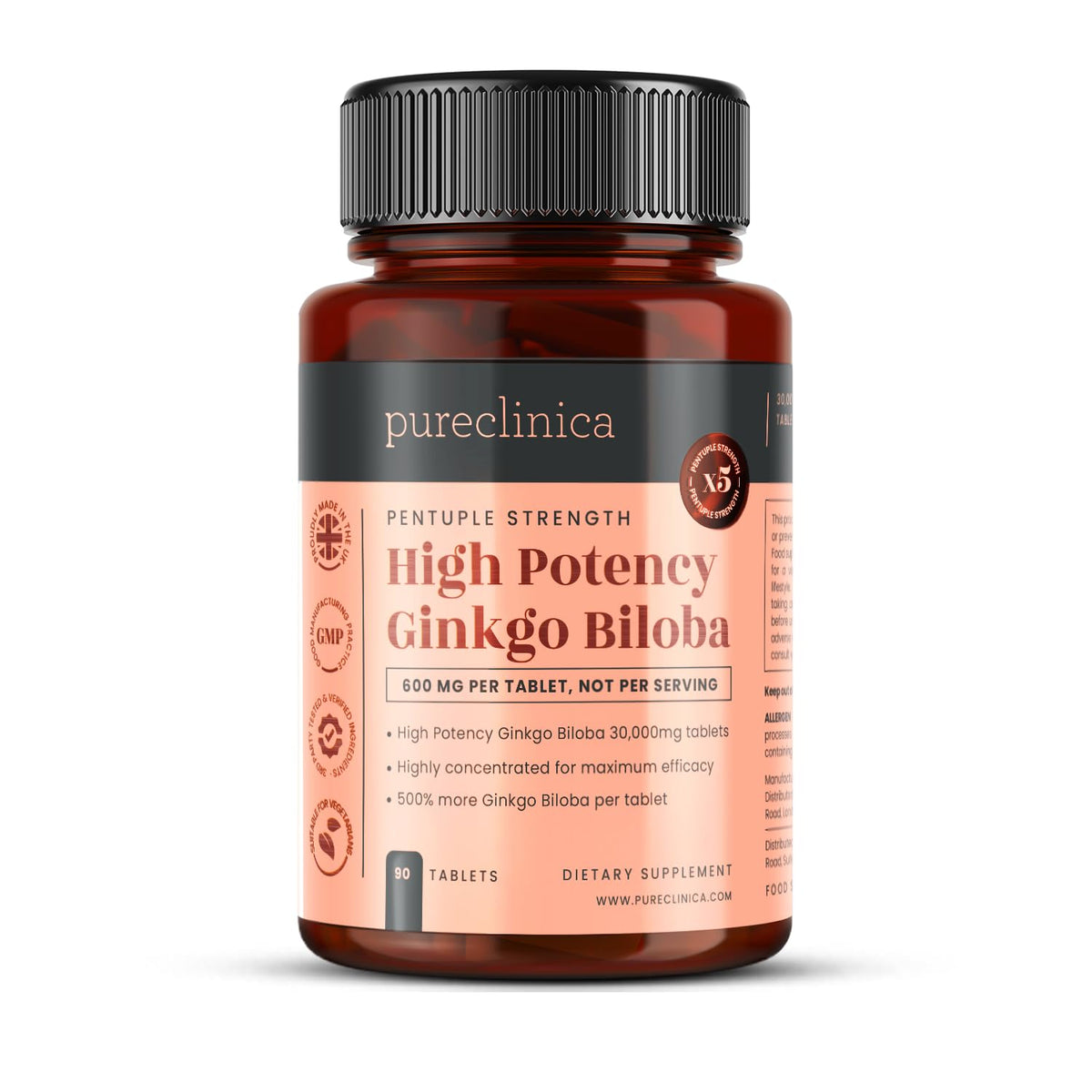 Flacon de pureclinica Ginkgo Biloba 600mg avec 90 comprimés