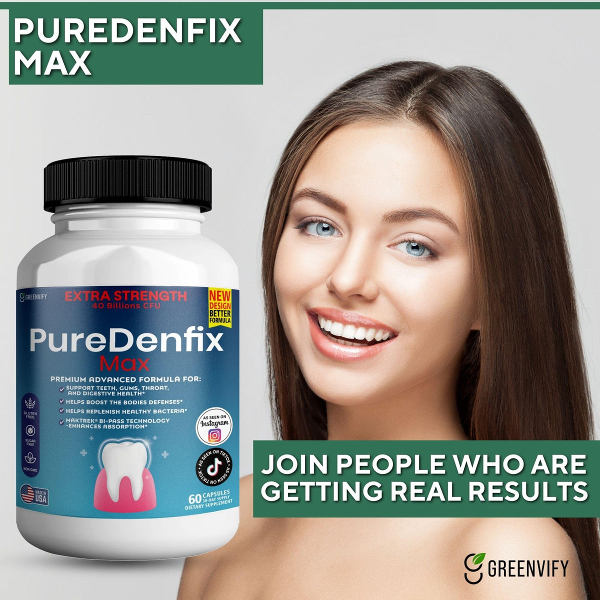Flacon de PureDenfix Max ouvert avec capsules visibles