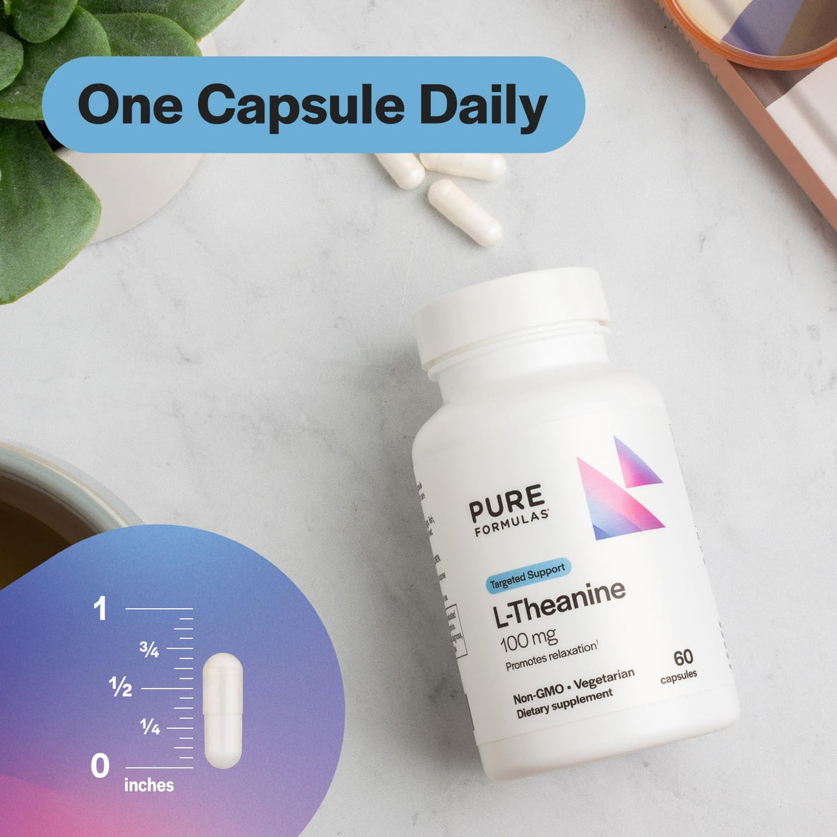 Flacon de PureFormulas L-Theanine avec étiquette visible