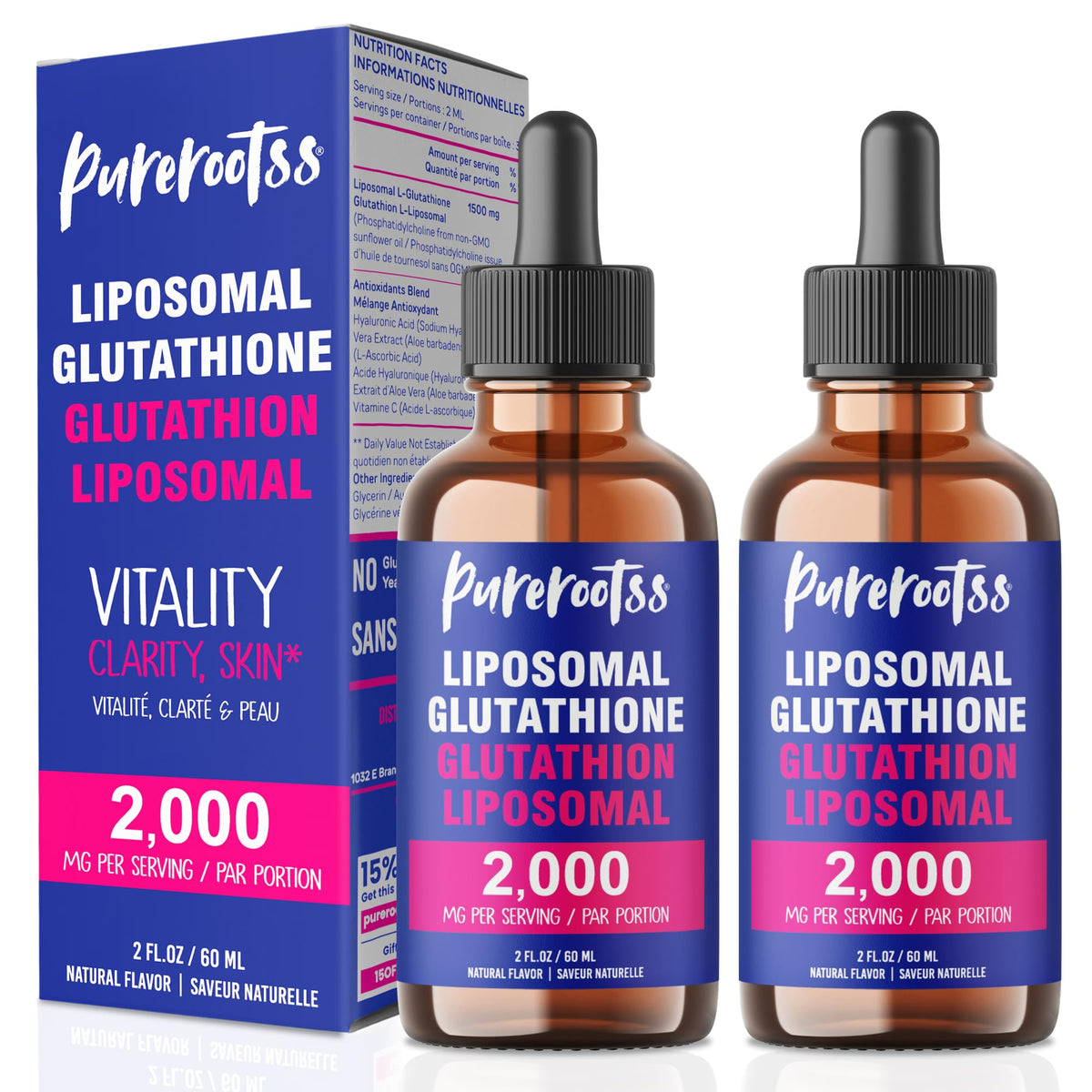 Flacon de PureRootss Liposomal Glutathione 2000 mg avec étiquette