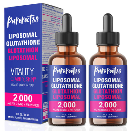 Flacon de PureRootss Liposomal Glutathione 2000 mg avec étiquette