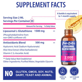 Flacon de PureRootss Liposomal Glutathione avec gouttes sur une cuillère