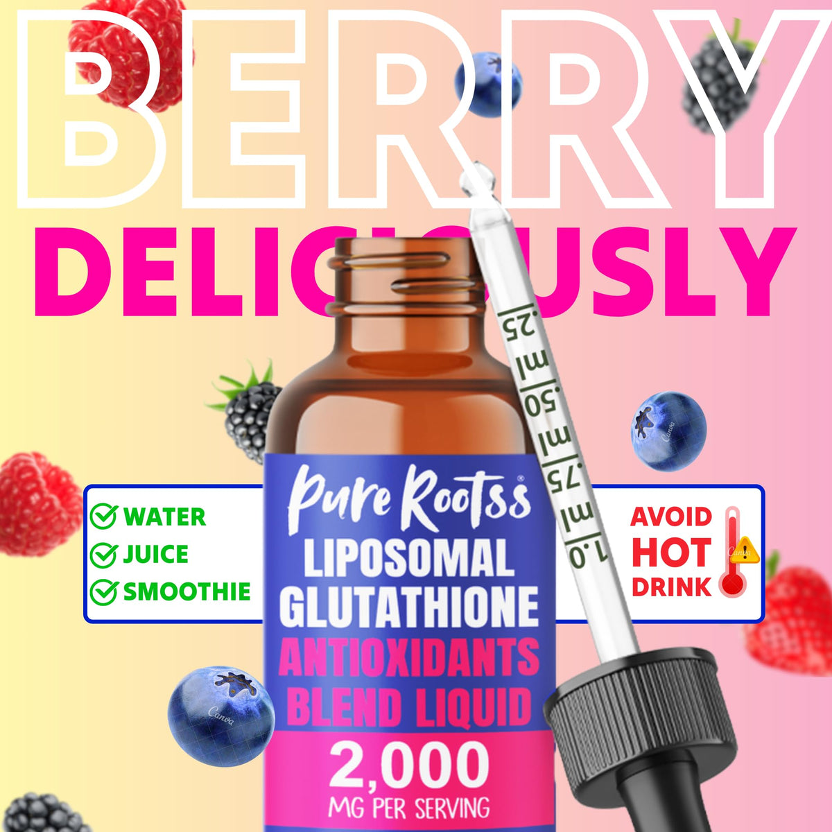 Flacon de PureRootss Liposomal Glutathione avec un verre d'eau