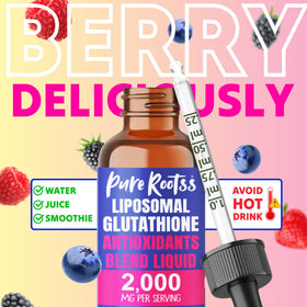Flacon de PureRootss Liposomal Glutathione avec un verre d'eau