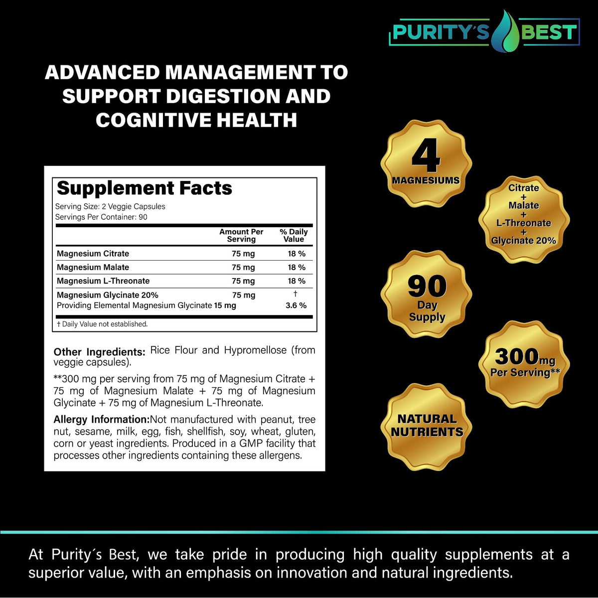 Flacon de Purity's Best Magnésium 300mg sur une table en bois