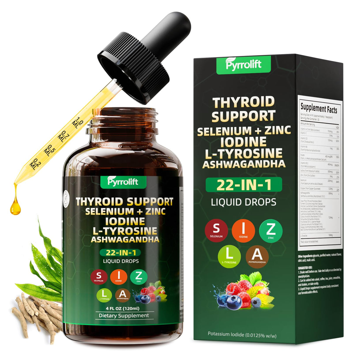 Flacon de Pyrrolift Gouttes de Soutien Thyroïdien 120 mL vue avant