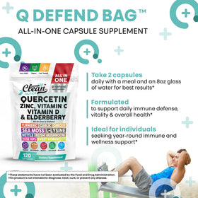 Flacon de Q Defend ouvert montrant les capsules à l'intérieur