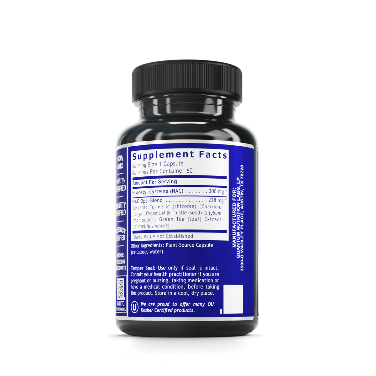Flacon de Quantum Nutrition NAC avec 60 capsules, vue latérale