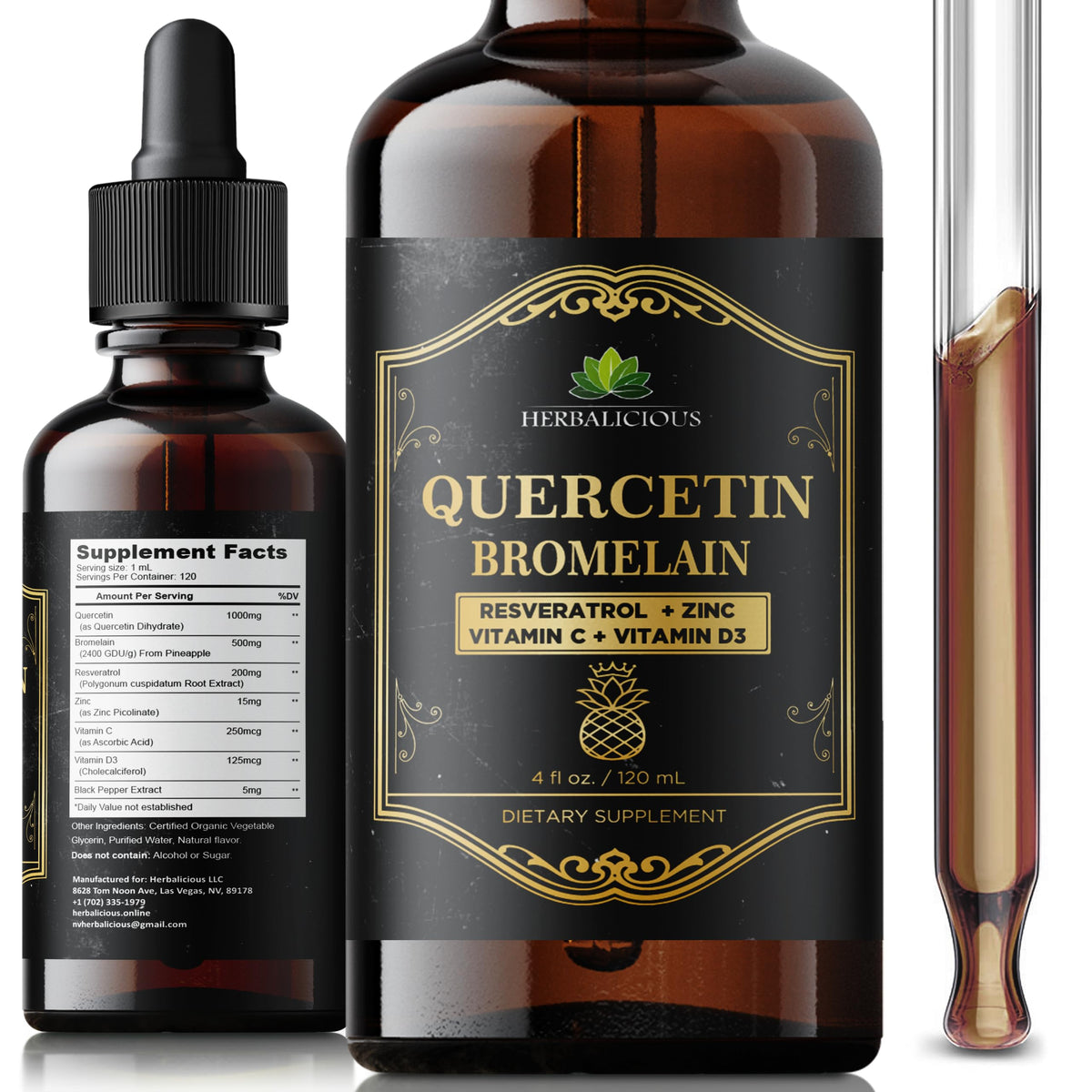 Flacon de Quercetin Bromelain Liquide HERBALICIOUS 120 ml avec bouchon