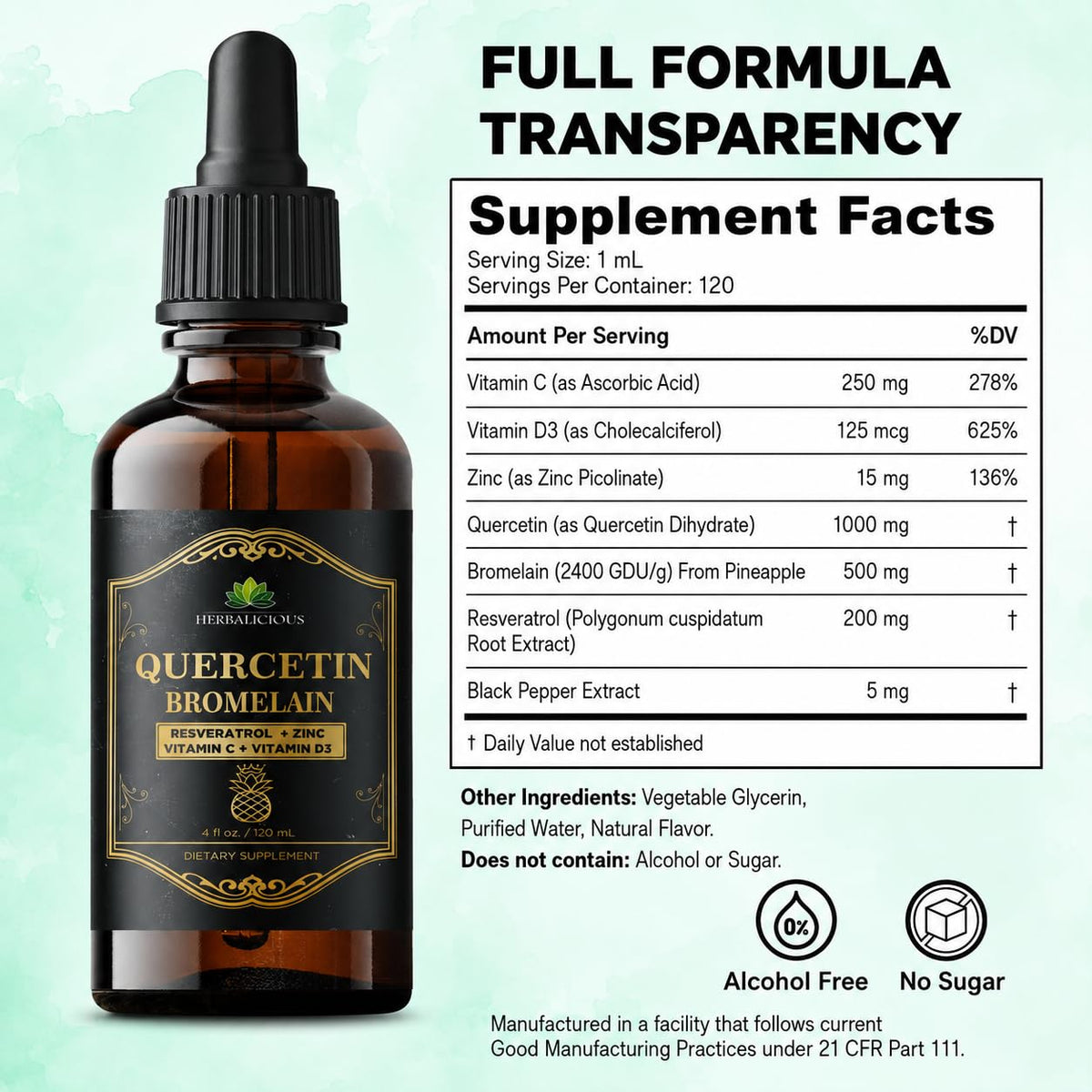 Flacon de Quercetin Bromelain Liquide HERBALICIOUS avec une goutte visible