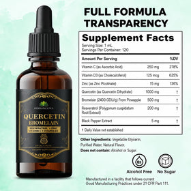 Flacon de Quercetin Bromelain Liquide HERBALICIOUS avec une goutte visible