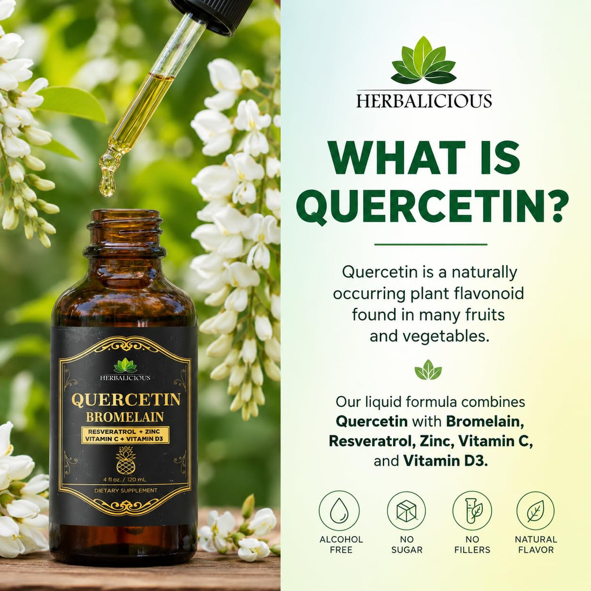 Flacon de Quercetin Bromelain Liquide HERBALICIOUS sur une table en bois