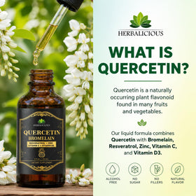 Flacon de Quercetin Bromelain Liquide HERBALICIOUS sur une table en bois