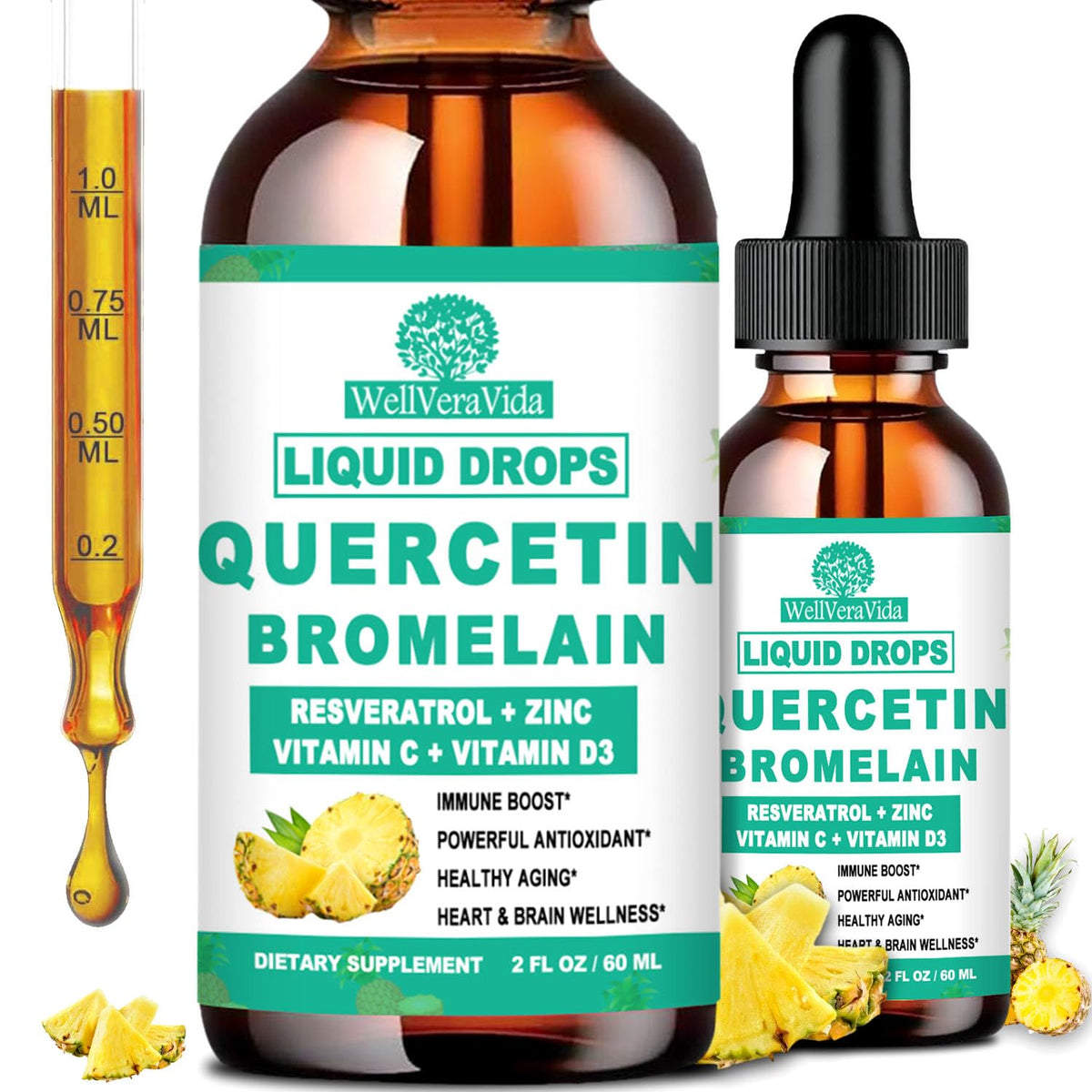 Flacon de Quercétine avec Bromélaïne de WellVeraVida, format liquide