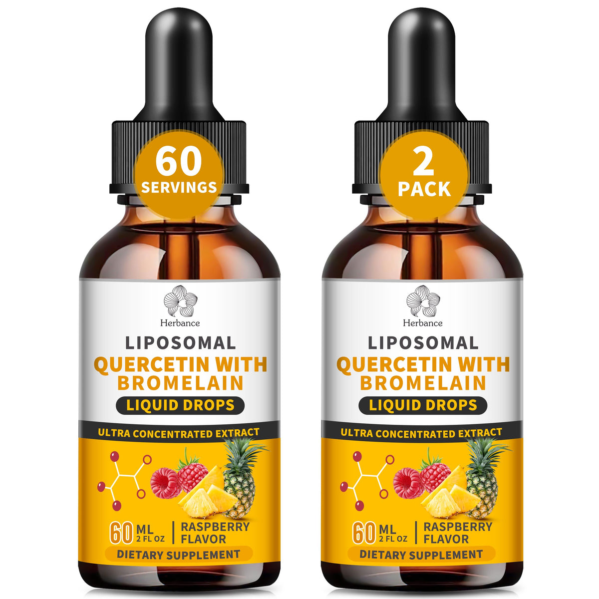 Flacon de quercétine liposomale Herbance 750mg avec bromélaïne 150mg